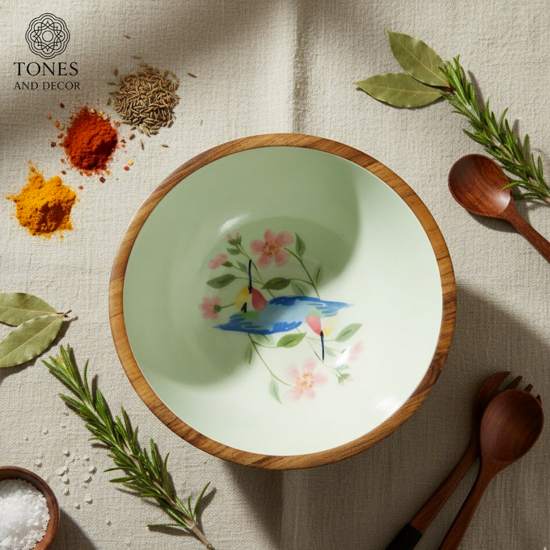 6-Inch Mango Wood Bowl with Floral Ceramic Print – Handcrafted & Food-Safe | Decorative Serving Bow